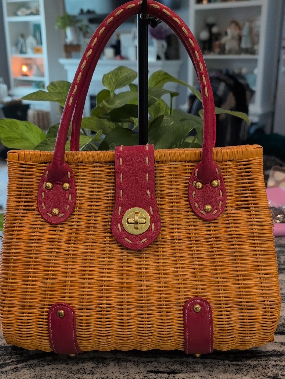 Woven Straw Tote with Red Leather Trim